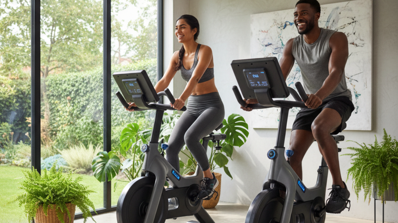 Exercise Bikes Best—fit duo rides sleek bikes in bright, modern gym; health, motivation, and innovation.