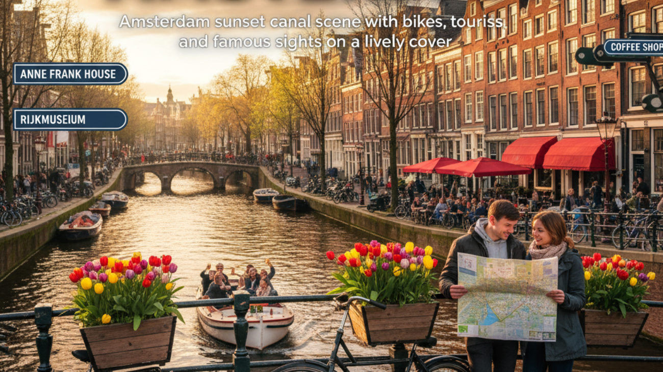 alt_text: Amsterdam sunset canal scene with bikes, tulips, tourists, cafes, and famous sights on a lively cover