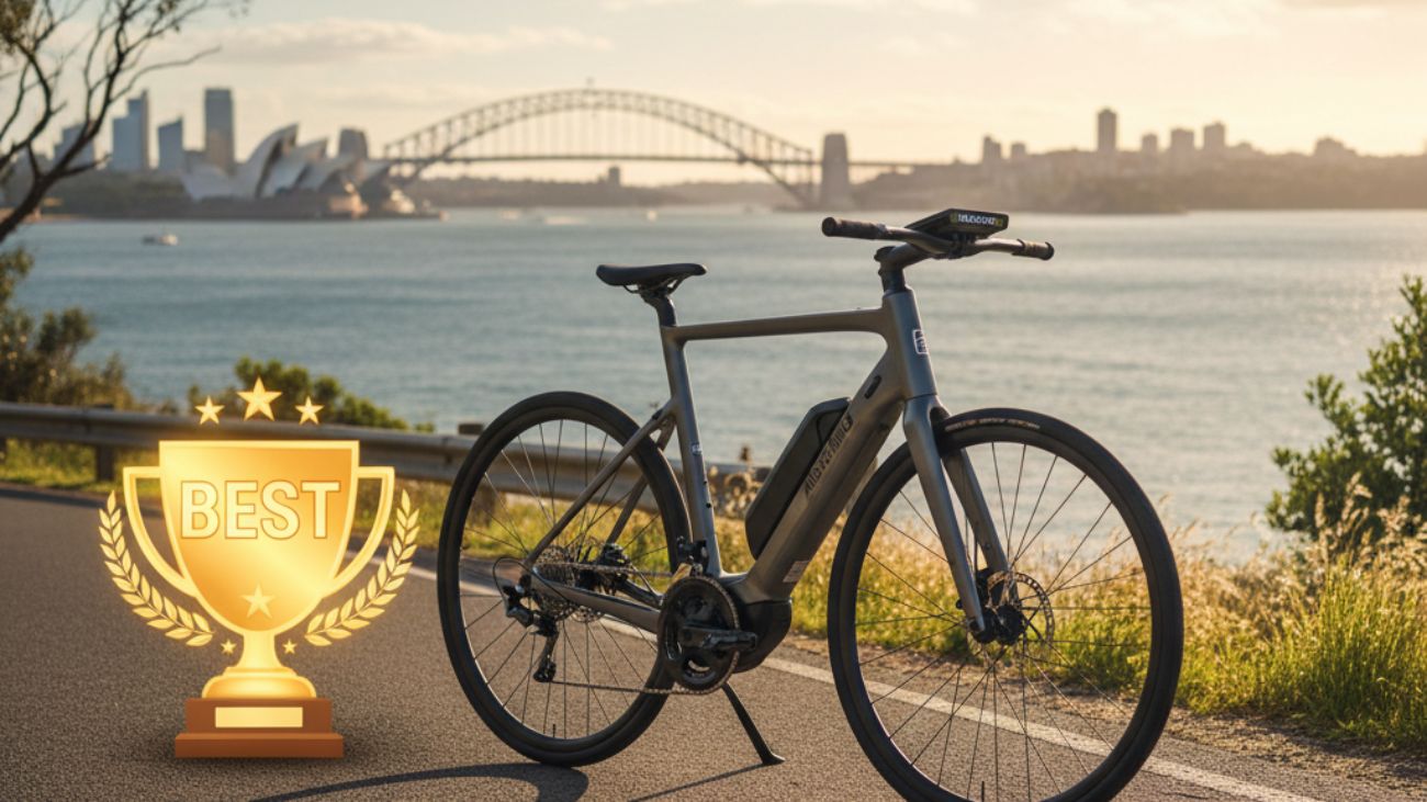 Sleek electric bike on scenic Australian road with trophy badge, city skyline, and bright daylight.