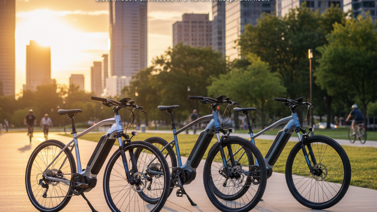 Best Electric Bikes 2024: Sleek models showcased in a vibrant cityscape at golden hour.