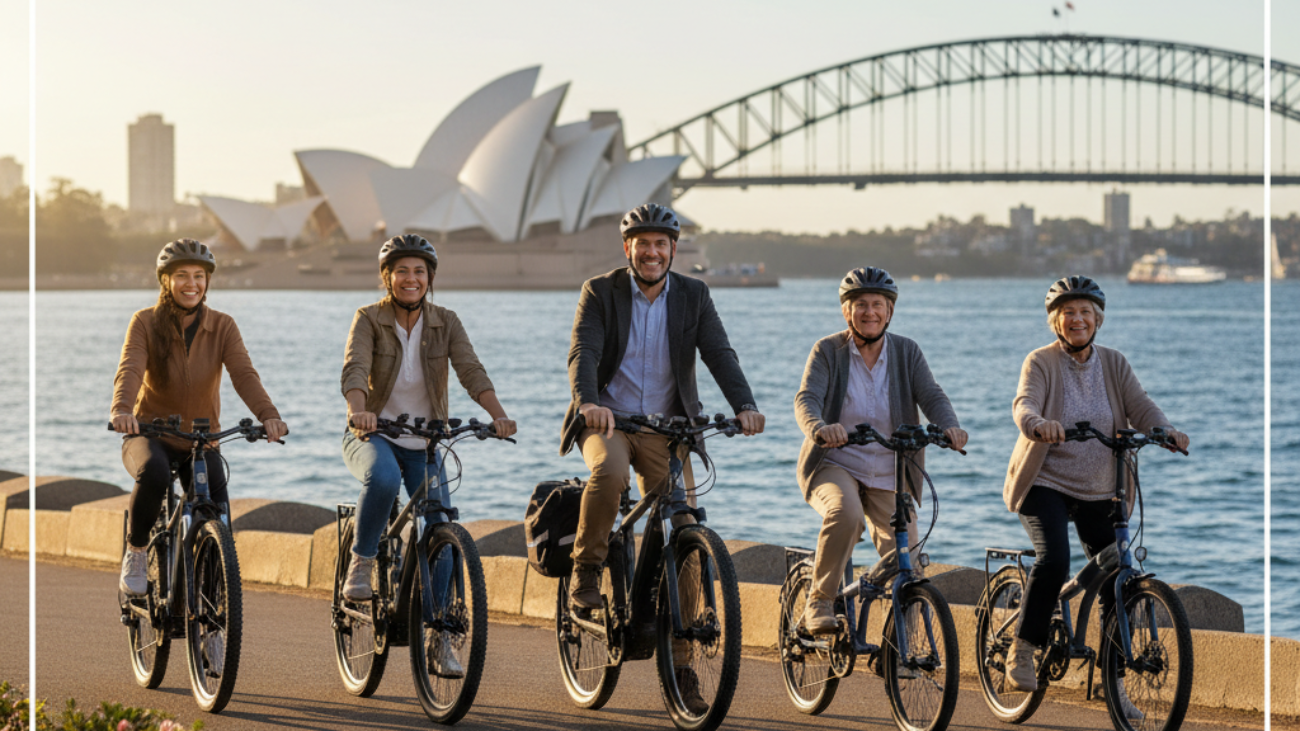 A diverse group rides top e-bikes by Sydney Harbour, showcasing adventure and eco-friendly transport.
