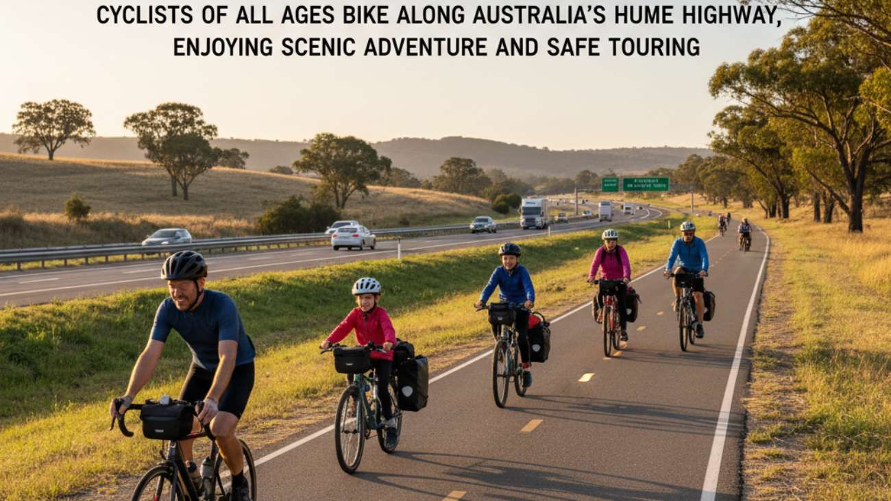 Cyclists of all ages bike along Australia’s Hume Highway, enjoying scenic adventure and safe touring.