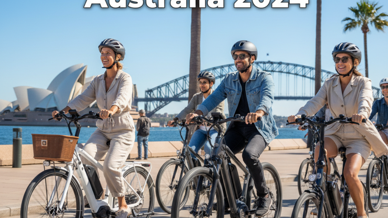 alt_text Stylish adults ride modern electric bikes past Aussie landmarks; bold text reads: Best Electric Bikes Australia 2024.