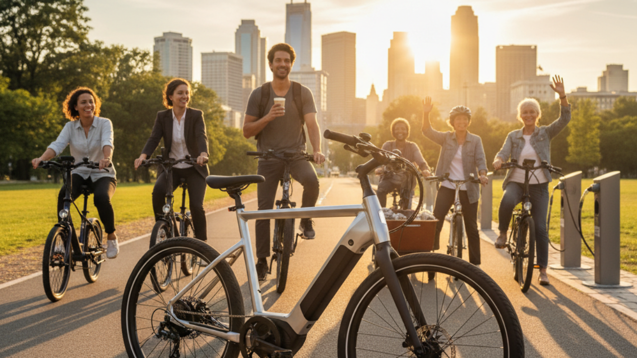 Best E-Bikes of the Year: diverse riders and sleek e-bikes shine in a vibrant, urban golden hour scene