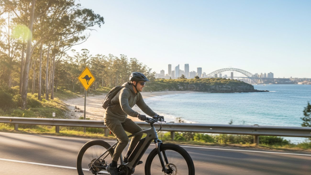 A sleek e-bike rides along an Australian coast with city skyline, bush, and kangaroo crossing sign visible.