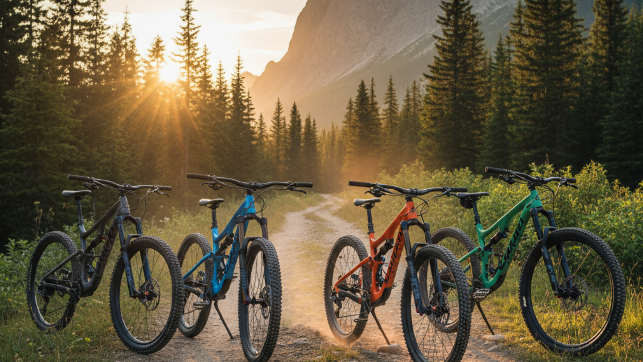 Best Mountain Bike Brands cover shows top bikes on a rugged trail at sunset with forests and peaks behind.