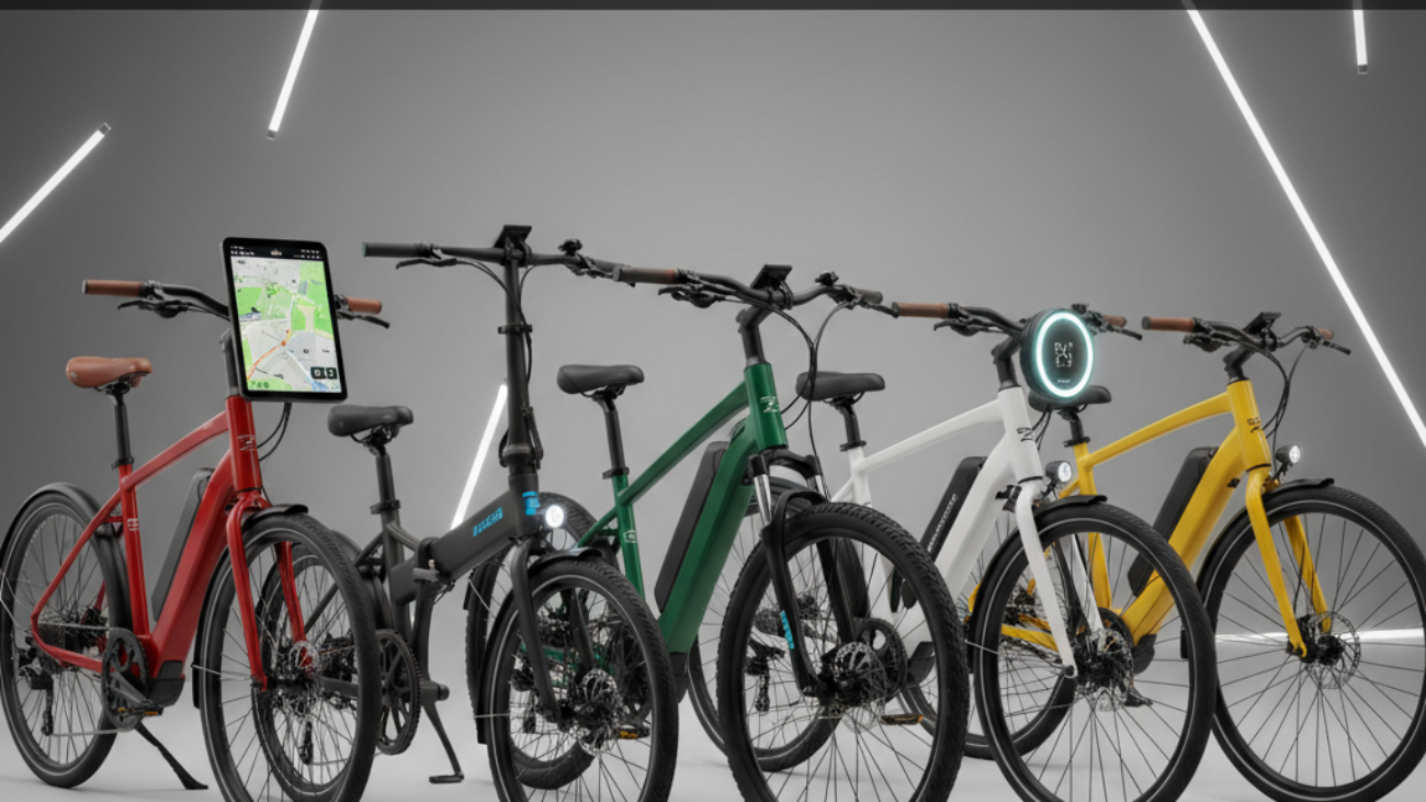 Top Rated Electric Bikes: Sleek, colorful e-bikes showcased with modern tech features and premium design.