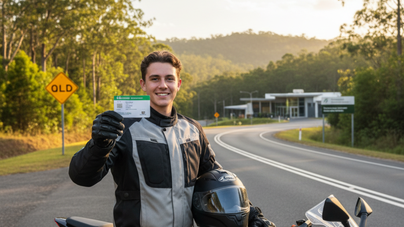 Young rider in QLD gear holds licence by motorbike, ready to ride; Dept of Transport in background.