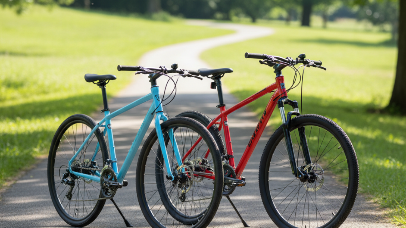 alt_text Two stylish beginner bikes stand side by side in a sunny park, ready for a new cycling adventure.