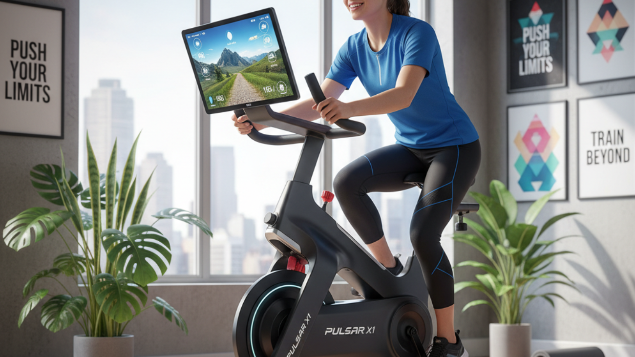 Best Exercise Bike 2024: Sleek home gym scene with a fit rider, high-tech features, and bold headline.