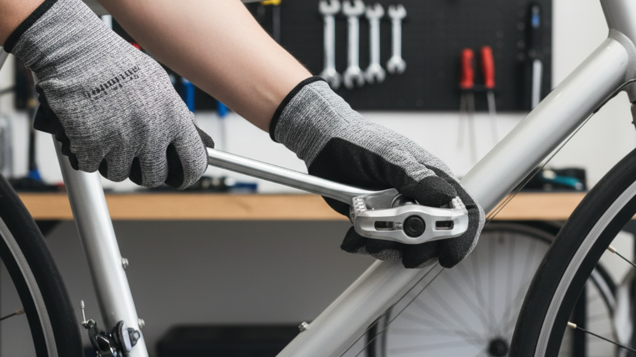 Hands using a pedal wrench to unscrew a bike pedal, with guide title text in a workshop setting.