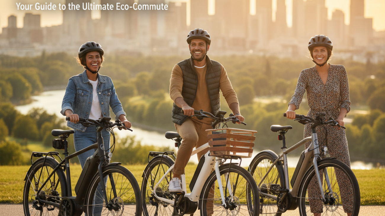 Top electric bikes and stylish riders showcased against a scenic city skyline at golden hour.