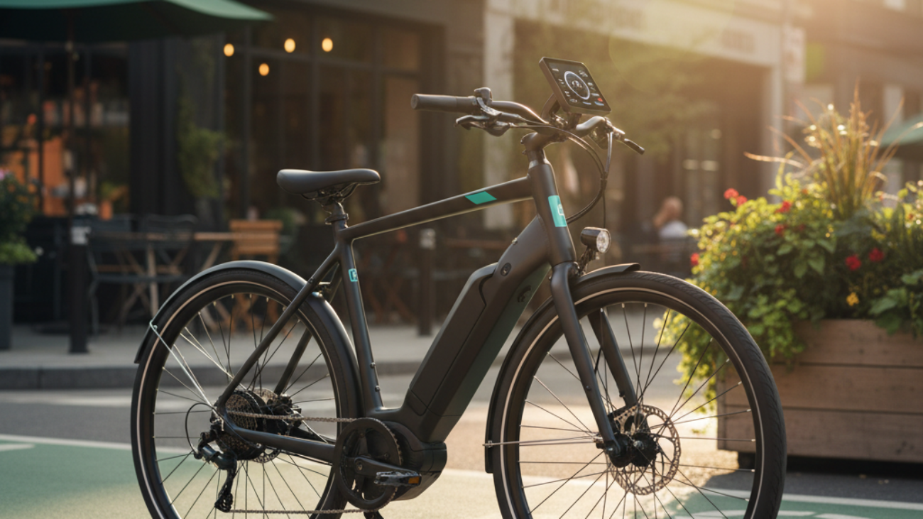Top Rated Electric Bike parked on a vibrant city street at sunrise, perfect for modern urban commuters.