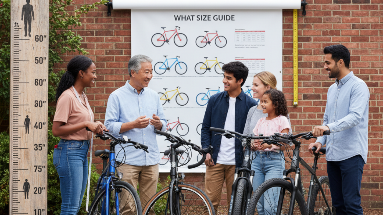 A diverse group stands by different bikes with size charts, highlighting how to choose the right fit.