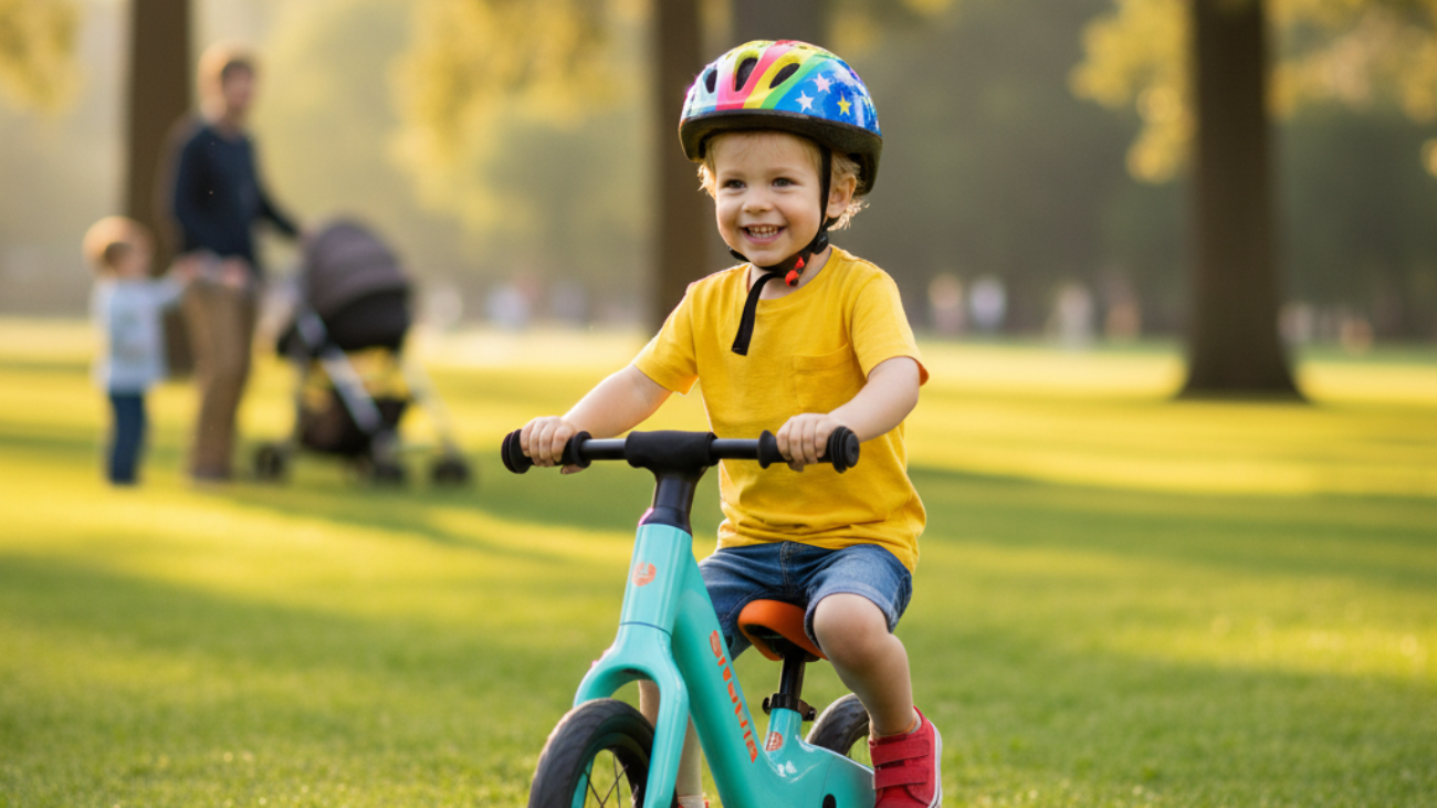 A smiling young child rides a modern balance bike in a sunny park, wearing a colorful helmet.