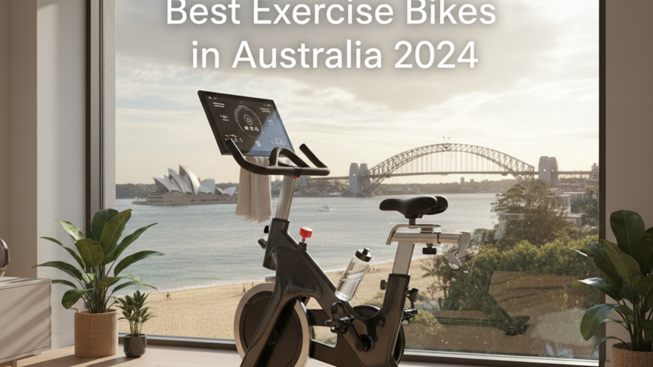 Modern exercise bike in stylish Aussie home, with scenic view and "Best Exercise Bikes in Australia 2024".
