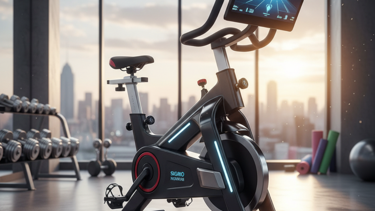 A sleek, high-tech gym bike in a sunny, modern fitness studio, perfect for serious cycling workouts.
