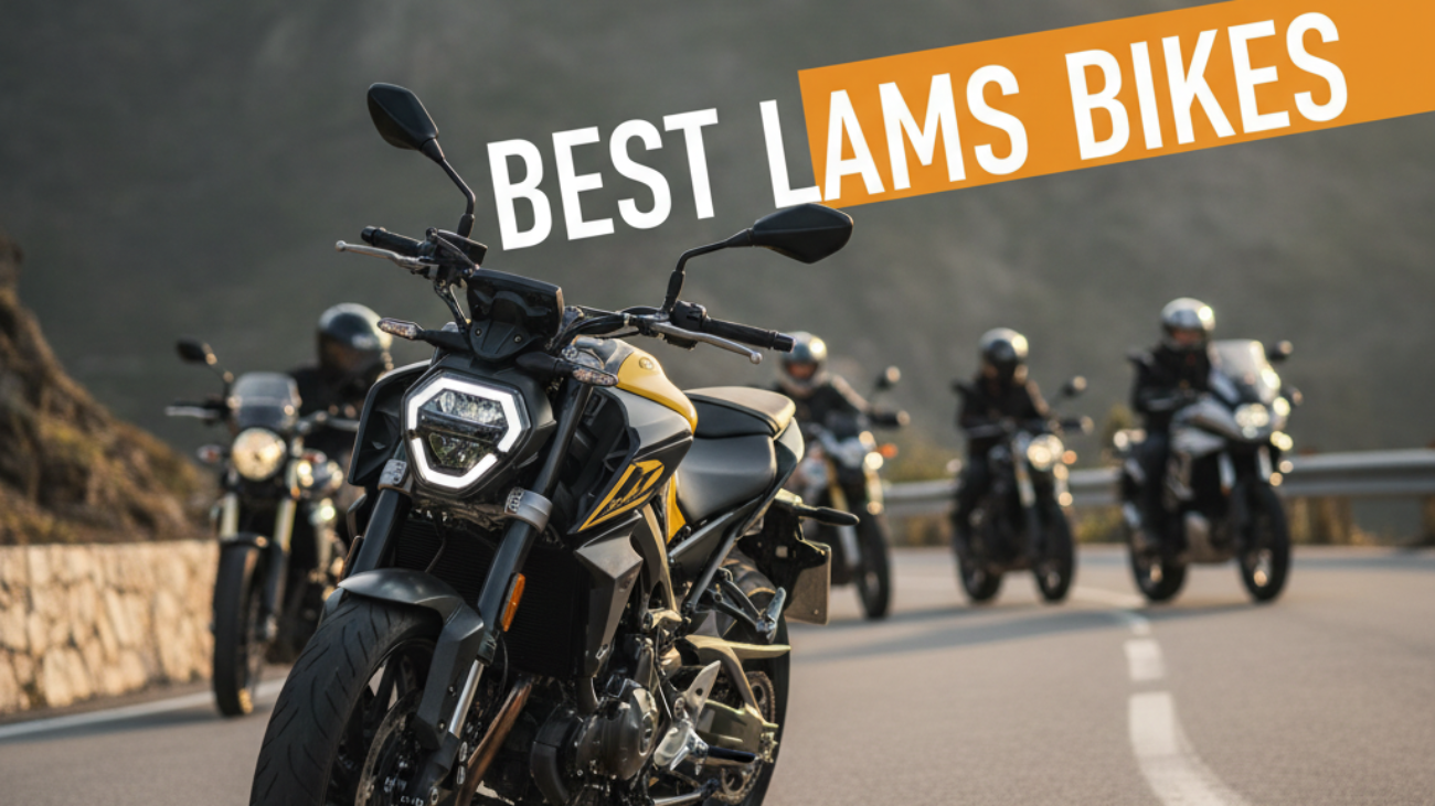 LAMS bikes magazine cover with a stylish motorcycle, bold headlines, and a scenic outdoor setting.
