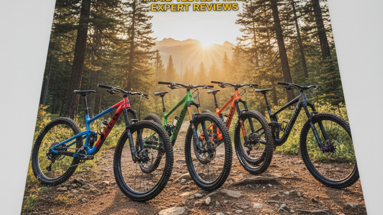 Top mountain bikes from leading brands showcased on a scenic trail with bold magazine headlines.