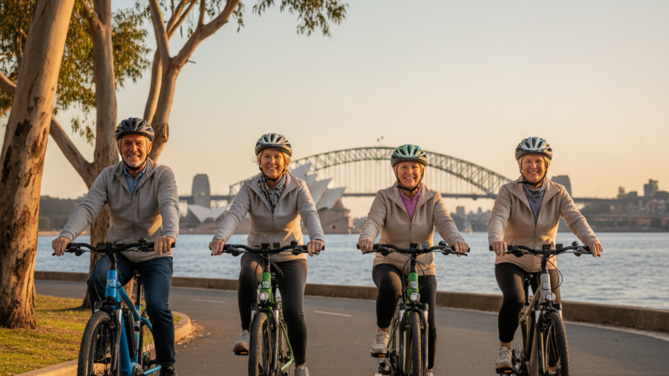 Seniors riding e-bikes by an Australian waterfront, smiling and enjoying an active, carefree lifestyle.