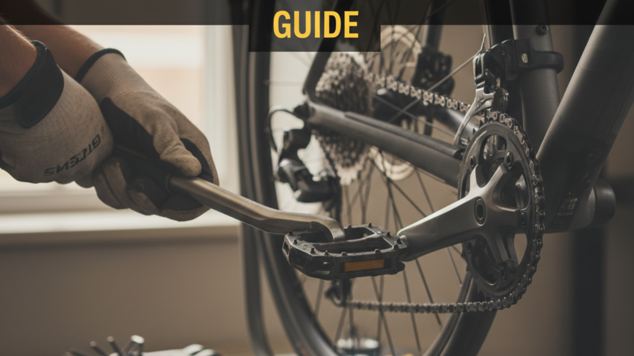 Hands using a pedal wrench to remove a bike pedal, tools nearby, for a how-to guide cover.