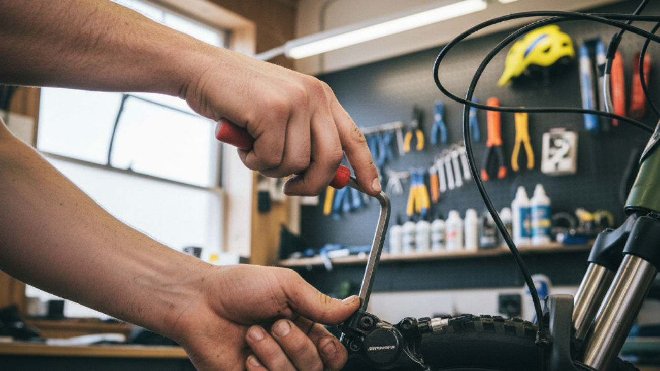 Hands adjusting bike brakes with an Allen wrench, detailed close-up in a workshop, magazine cover.