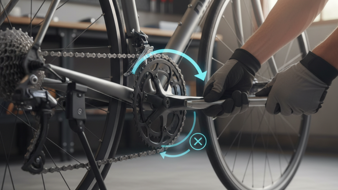 alt_text: Hands using a wrench to remove a bike pedal, with icons showing the correct step-by-step direction.
