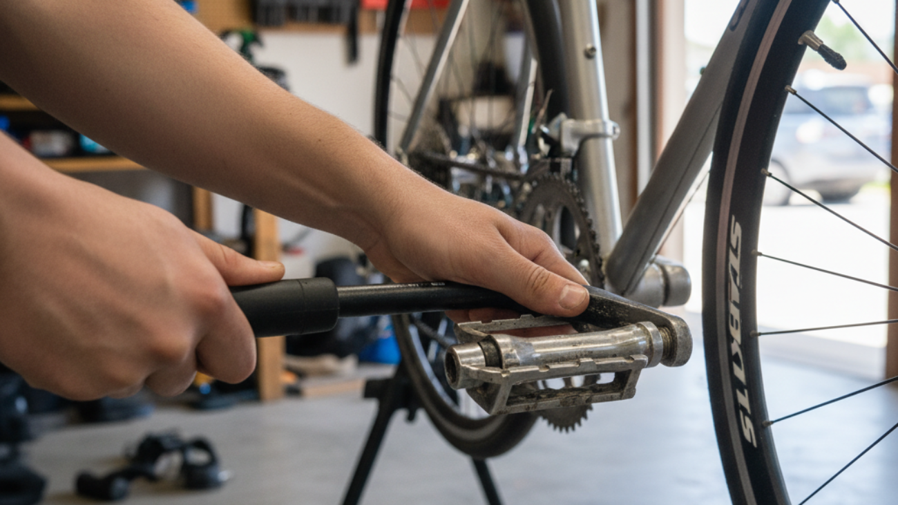 alt_text Hands use a pedal wrench to remove a bike pedal in a garage, showing proper DIY technique up close.