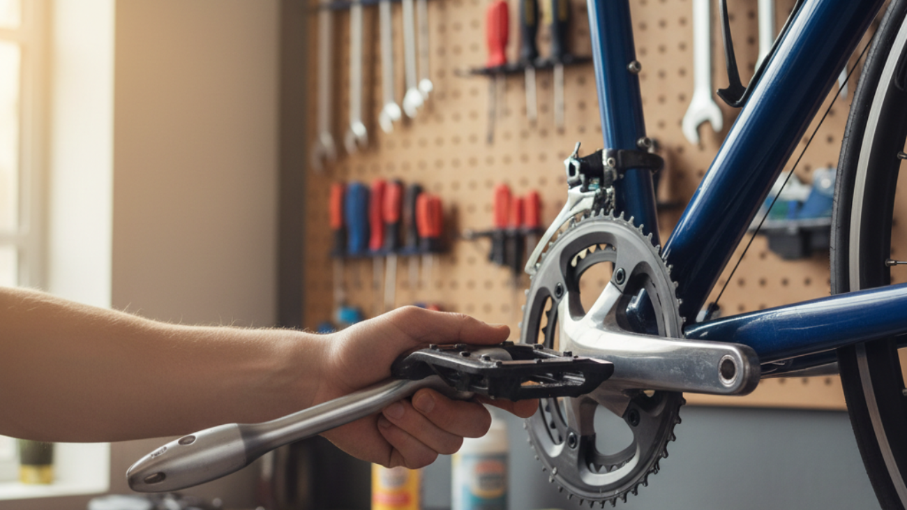 alt_text: Hands using a pedal wrench to remove a bike pedal in a bright, friendly home workshop setting.