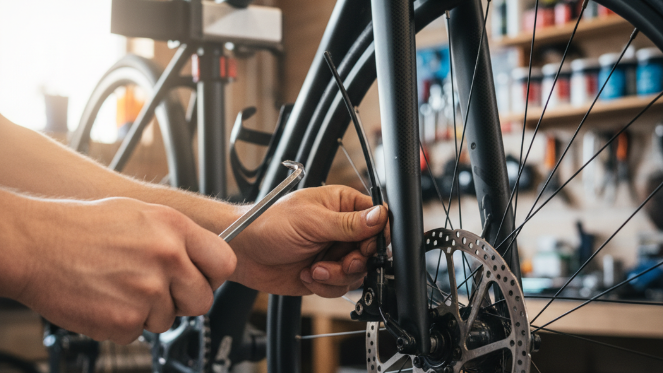 How Do You Tighten Bike Brakes? Close-up of hands adjusting a bike brake with an Allen wrench.
