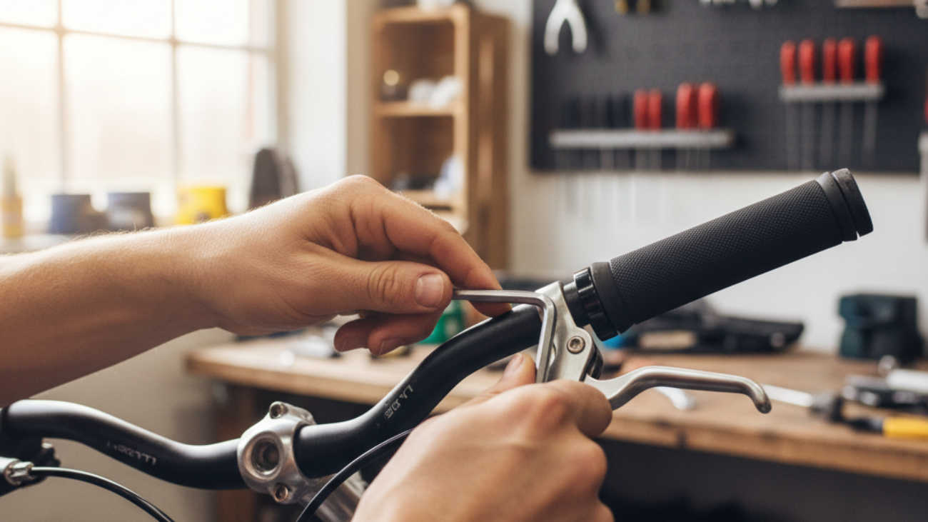 alt_text: Hands use an Allen wrench to tighten bicycle brake cable in a bright, focused workshop setting.