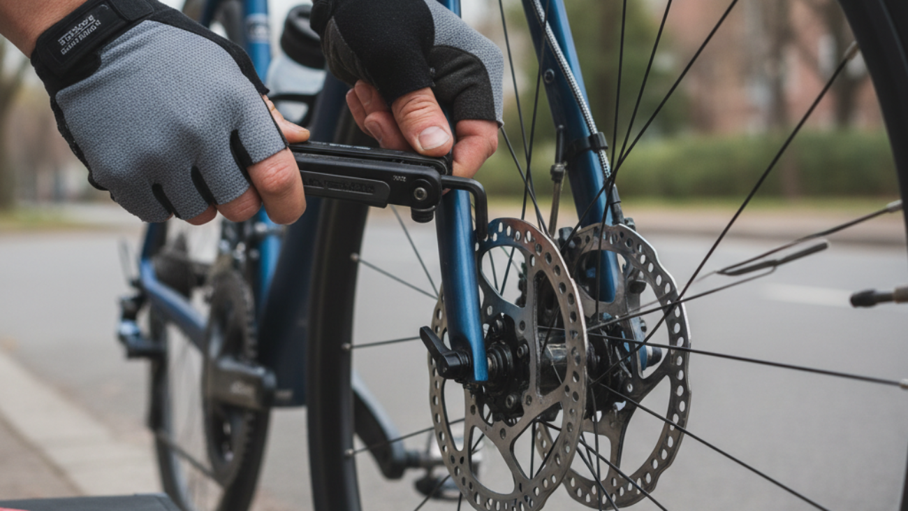 Close-up of hands adjusting road bike brakes outdoors, showing tools and guide title for cyclists.