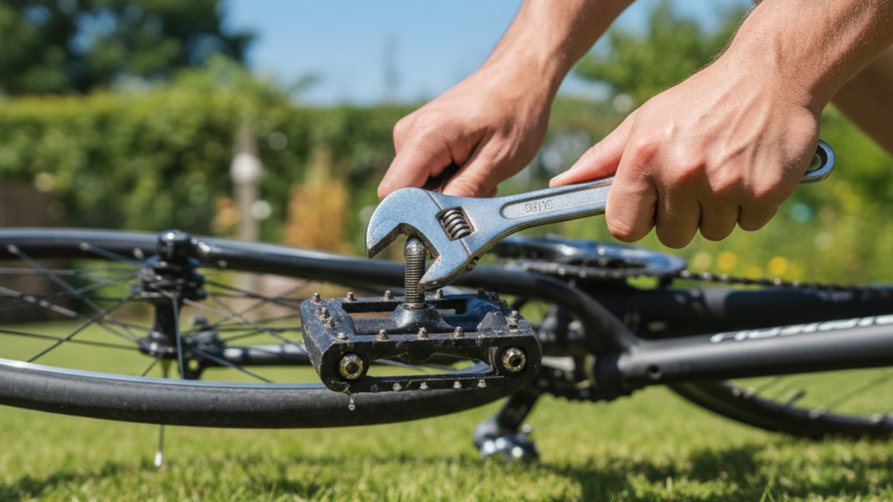 How to Change Bike Pedals: Close-up of hands using a wrench on a bike outdoors for pedal replacement