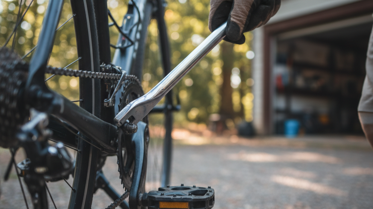 Hands using a wrench to loosen a bike pedal bolt, demonstrating a step in bicycle maintenance.