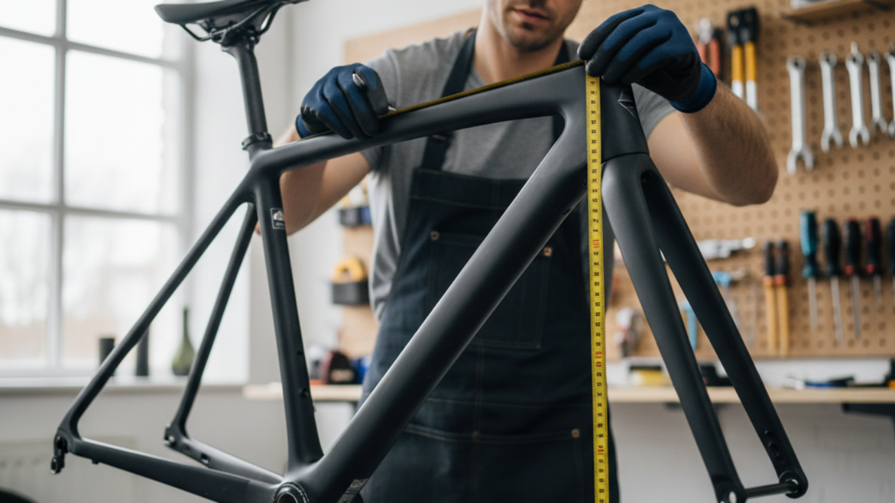 Person measuring a road bike frame with a tape measure, demonstrating how to find the correct frame size.