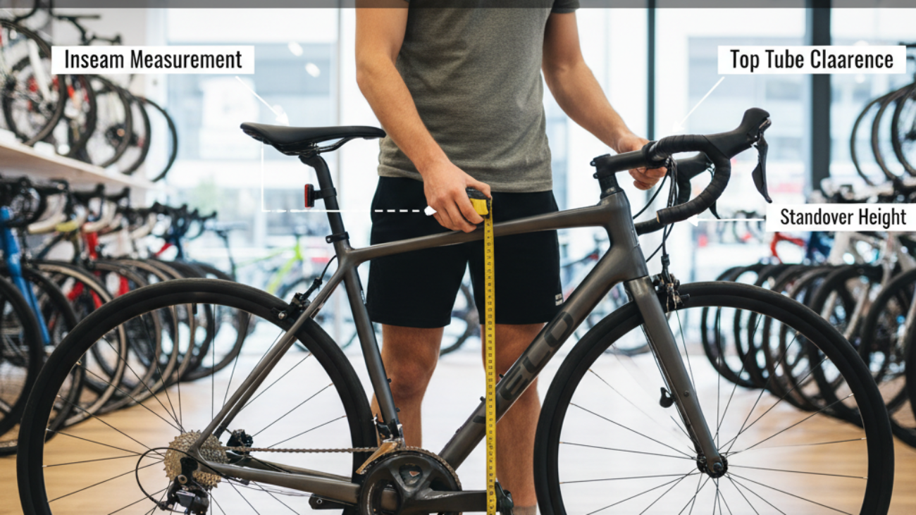 Person measures inseam beside a bike, showing how to find the right bike frame size.