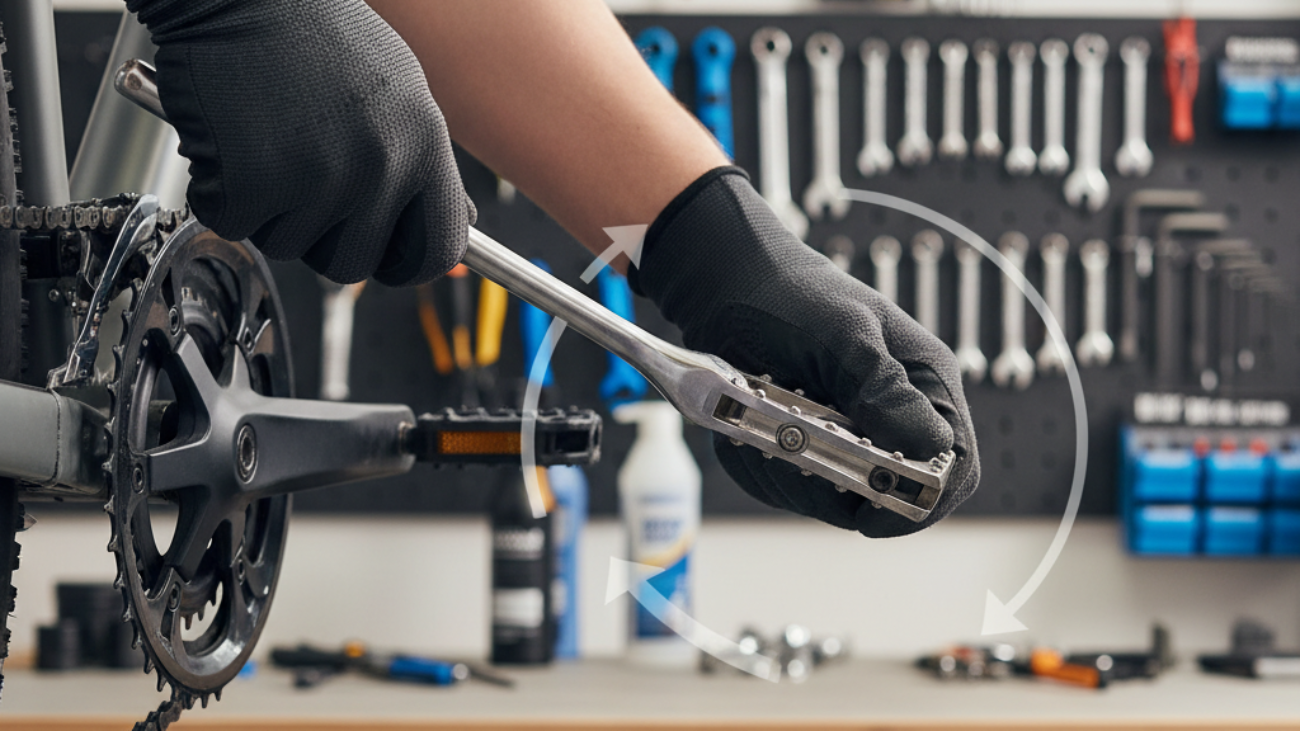alt_text: Close-up of gloved hands using a pedal wrench to remove a bike pedal in a bright, tidy workshop.