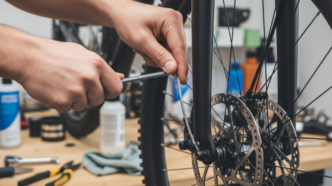 Hands use a tool to tighten a bike’s brake cable, showing a step in bicycle brake adjustment.
