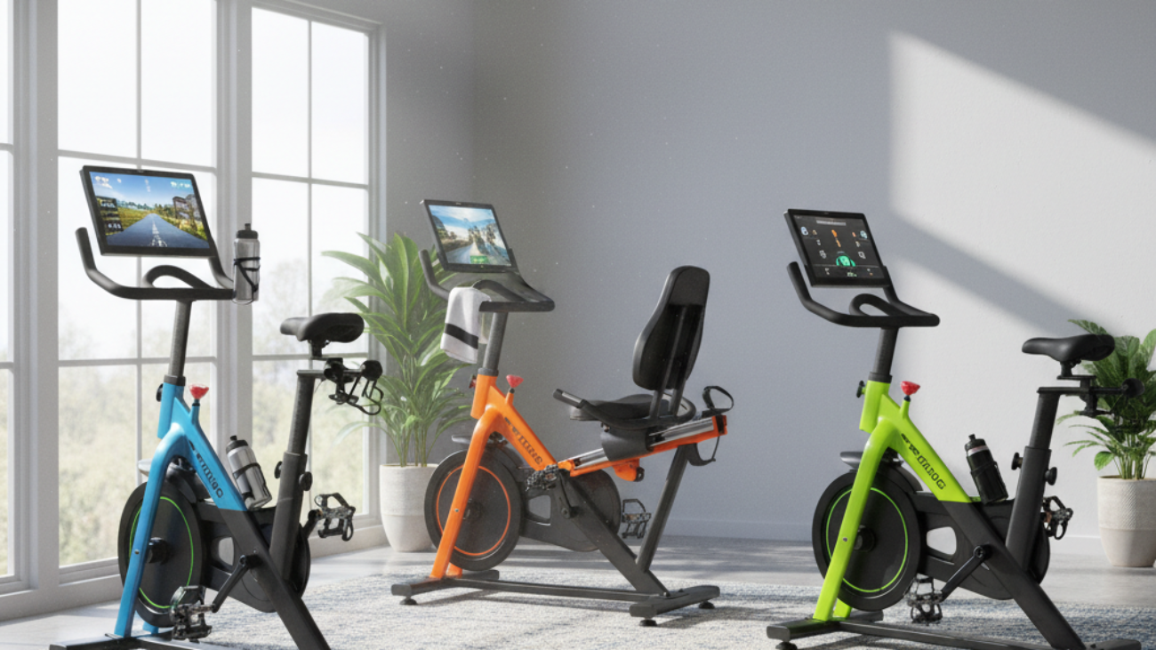 Three modern stationary bikes in a stylish, sunlit home gym, highlighted for “Top Stationary Bikes”.