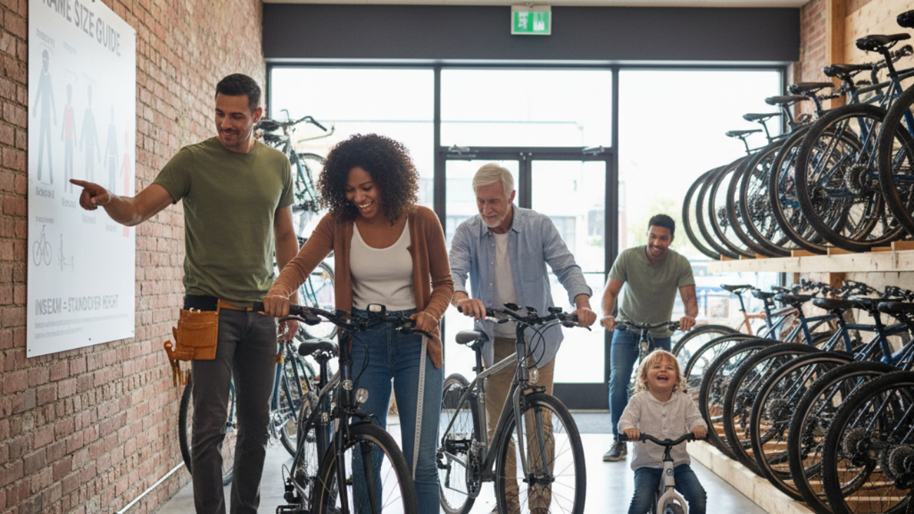 What Size Bike Should I Have? Diverse people at a bike shop finding their perfect fit with help and charts.