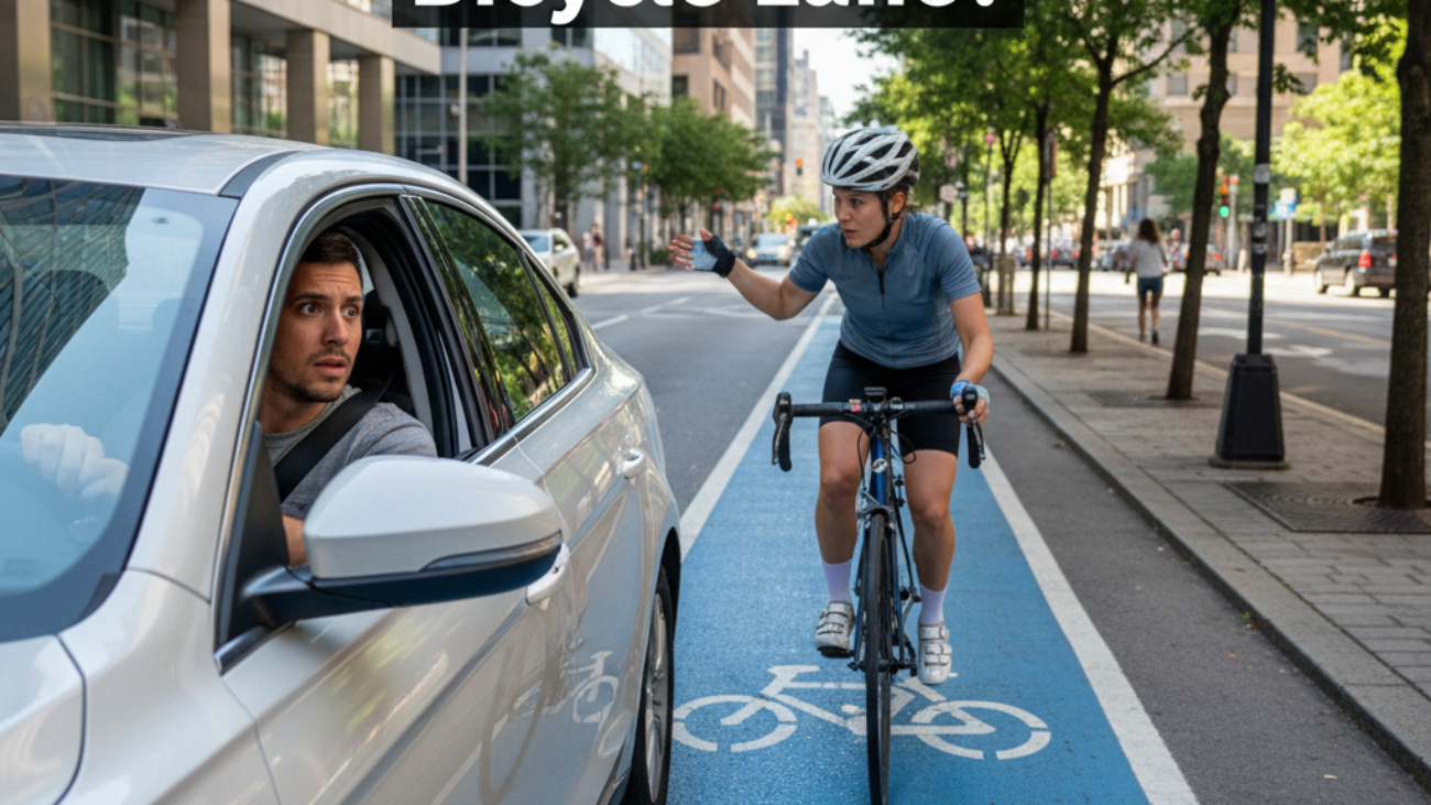 A concerned driver encroaches into a bike lane as a cyclist approaches, questioning the lane's rules.