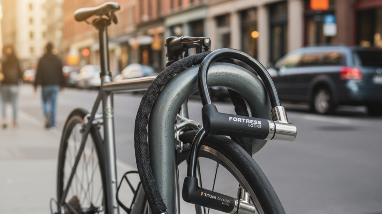 Best rated bicycle locks secure a bike on a city street, highlighting various modern lock designs.