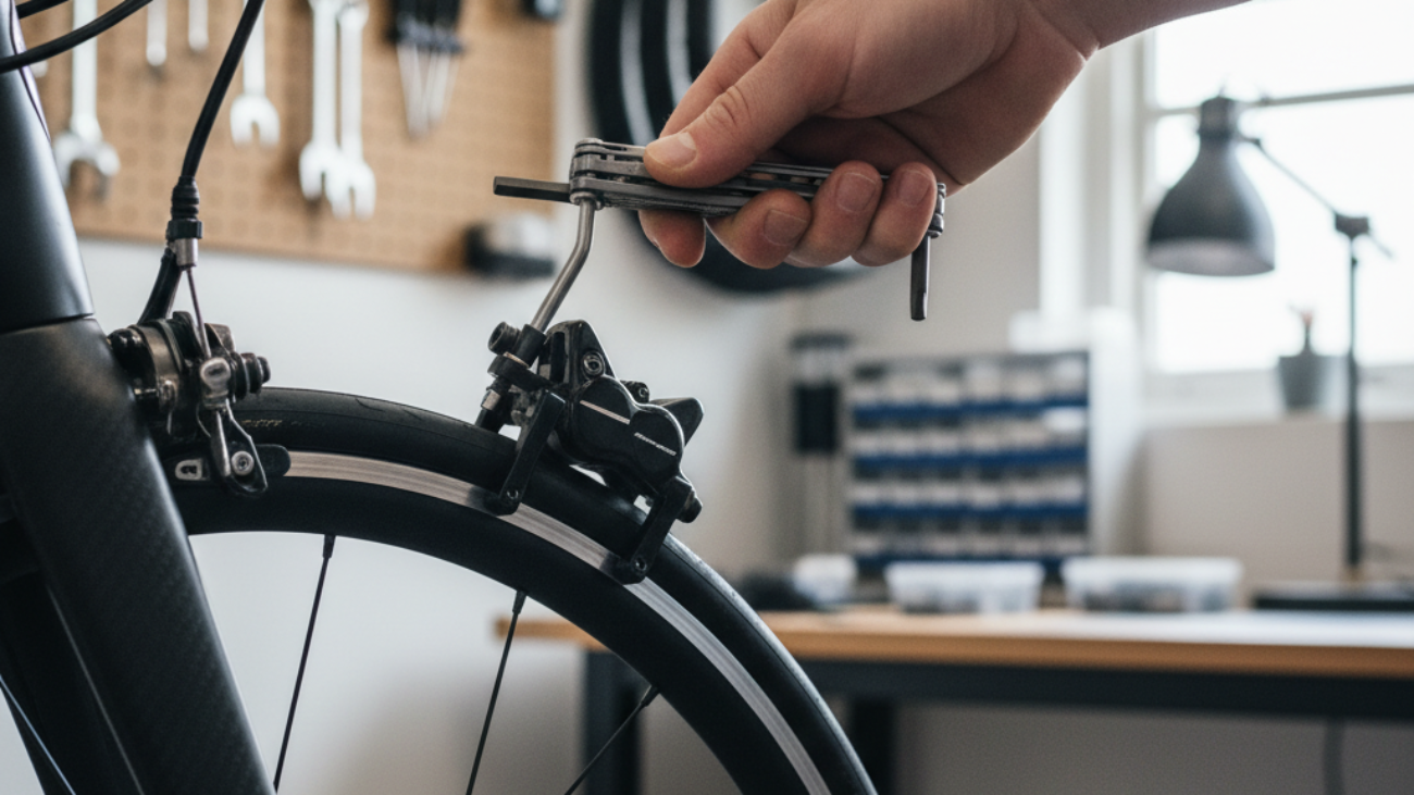 An adult hand adjusts a bike brake caliper with a tool, workshop background blurred for focus.