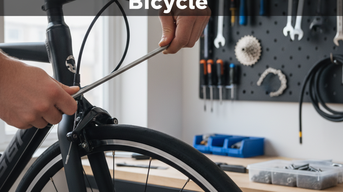 Hands adjusting a bicycle brake caliper with a tool in a tidy garage bike workspace.