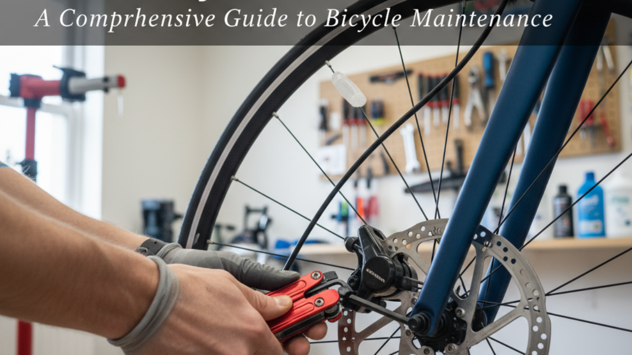 Hands adjusting bike brake caliper with an Allen wrench in a bright home workshop, tools visible.