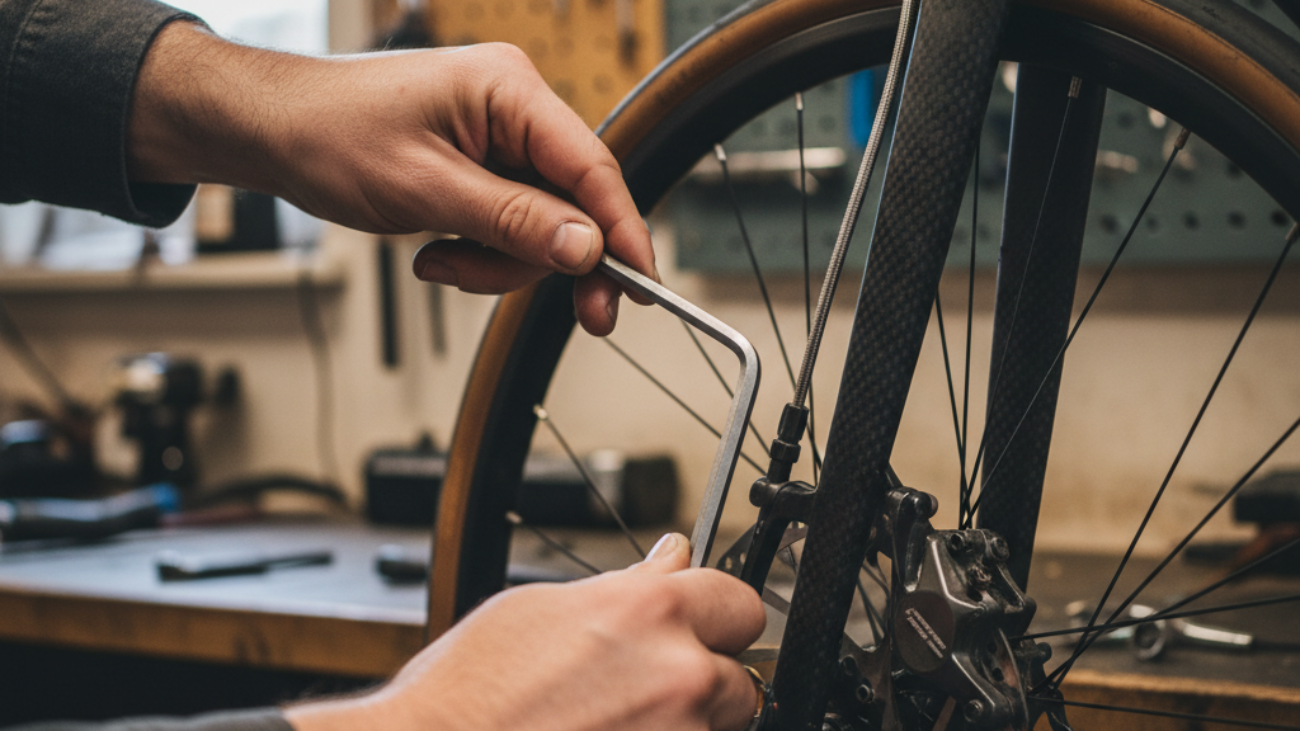 alt_text Close-up of hands adjusting a bike brake with an Allen wrench in a workshop, tools in background.