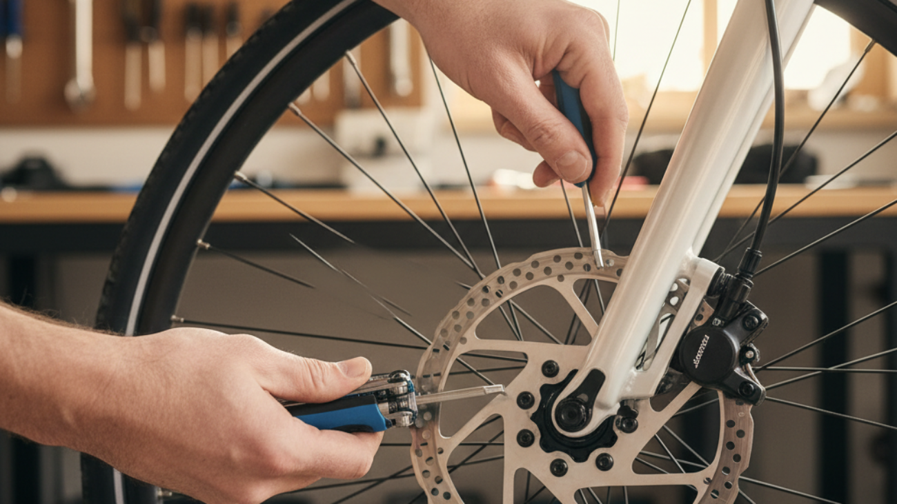 Hands adjusting bicycle brakes with an Allen key, illustrating a clear, step-by-step DIY guide.