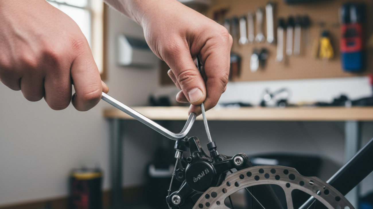 alt_text Hands use an Allen wrench to adjust a bicycle brake cable, with clear view of brake caliper and pads.