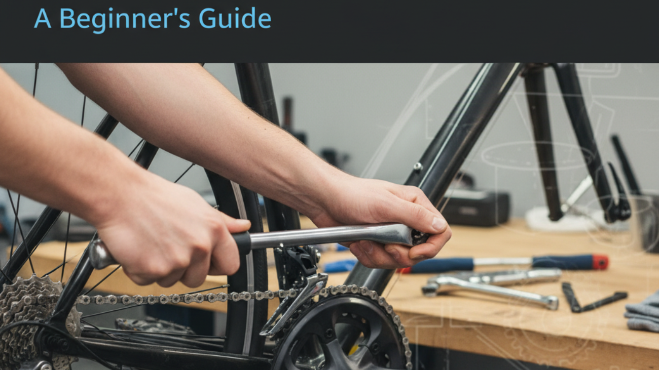 How to Change Pedals on a Bicycle: Hands using a wrench, tools on bench, clear bike details.
