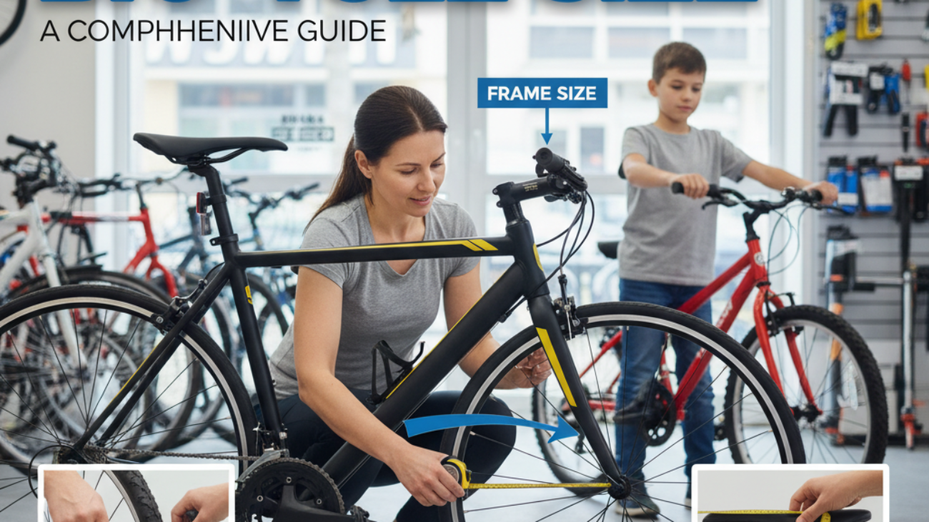 How to Measure Bicycle Size: Guide showing person measuring bike frame, wheel, and saddle height.
